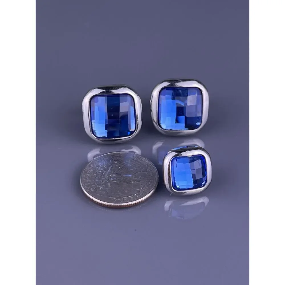 Square Blue Cut Rhinestone Cufflinks Tie Clip Pin Silver Tone Formal Vintage